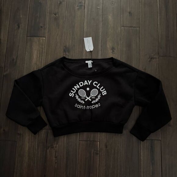 Better Together Black Sunday Club Off the Shoulder Cropped Sweatshirt M NWT - Picture 1 of 4